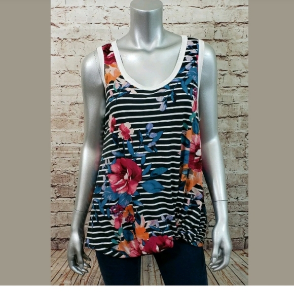 ODDY Tops - Oddy Floral Black Striped Sleeveless Top Size L